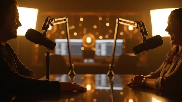 cinematic media production studio podcast scene two presenters across table wearing headphones professional microphones boom arms warm yellow orange lighting soft background bokeh shallow focus intima