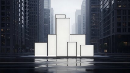 Cityscape with abstract white rectangular structures in a modern urban environment viewed from the ground