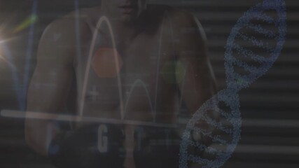 Animation of dna strand over caucasian male boxer and data processing - Powered by Adobe
