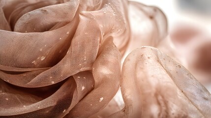 Close-up of crinkled beige chiffon fabric with delicate speckled details and soft, flowing folds.