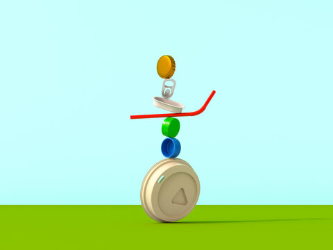 Stacked plastic objects symbolizing balance and environmental pollution