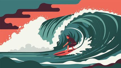 Vector illustration of a surfer riding a massive wave, capturing the thrill of extreme sports and ocean adventure © PDWN Creative