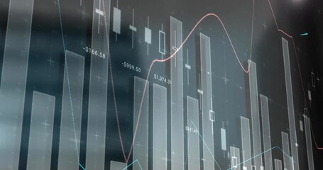 Animation of financial graphs moving over cityscape - Powered by Adobe