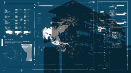 Animation of rotating globe, loading bars, circles and building structure on blue background - Powered by Adobe