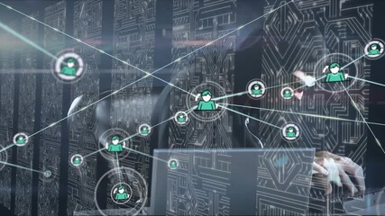 Animation of network of connections with icons and data processing over server room and hacker - Powered by Adobe