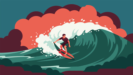 Vector illustration of a surfer riding a massive wave, capturing the thrill and dynamic energy of ocean surfing in a stylized, colorful artwork © PDWN Creative