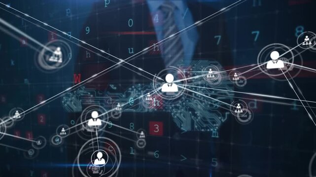 Animation of connected icons, key, text, letters, numbers over midsection man touching screen