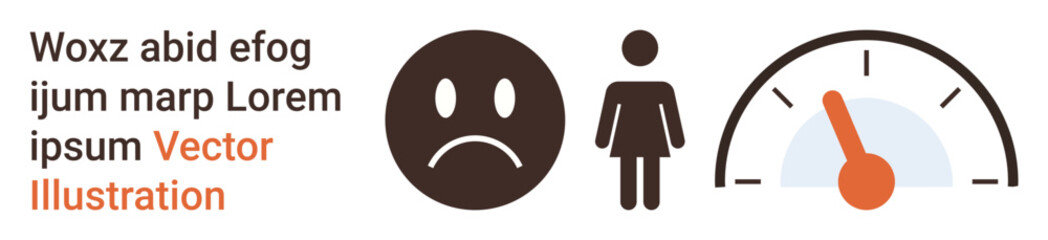 Fototapeta premium Emotions, productivity, mental health, stress, pressure, performance measurement. Sad face, female figure and speedometer with orange marker. Emotions and productivity