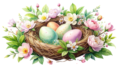 Decorative Easter nest intertwined with spring flowers, blossoms, and green leaves, pastel eggs nestled among petals, light watercolour texture, soft shadows, isolated on transparent background.