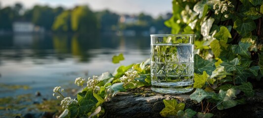 The Glass of Water on Mossy Rock by a Serene Lake at Sunrise