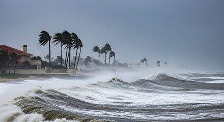 Turbulent ocean waves crash against coastal homes during intense storm