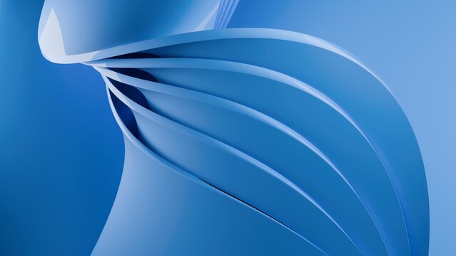 Abstract wavy curved 3d render. Blue soft layers of plastic with lines, folds, ruffles. Modern wallpaper, texture pattern. 3D Illustration