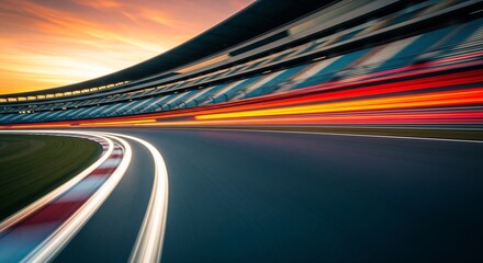 Obraz premium Speed and motion on a racetrack at sunset with colorful lights