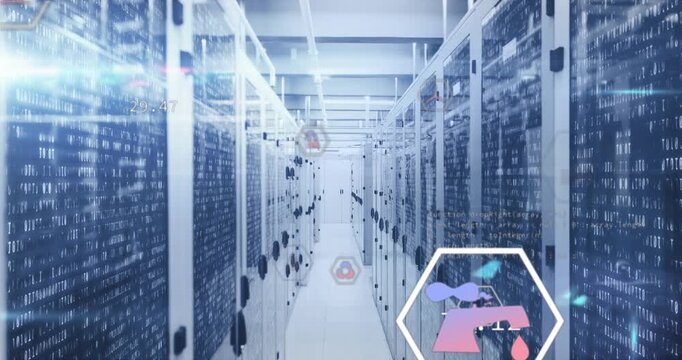 Animation of multiple icons and lens flares over binary codes on data server racks