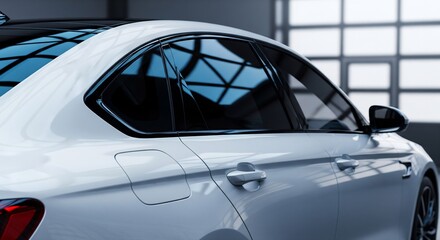Sleek white car interior with modern design and tinted windows