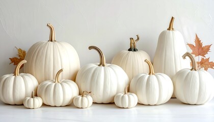 Elegant White Pumpkins and Autumn Leaves Arrangement.