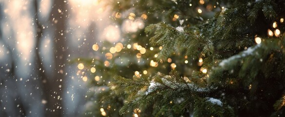 The evergreen branch dusted with snow and glowing warm bokeh lights at dusk