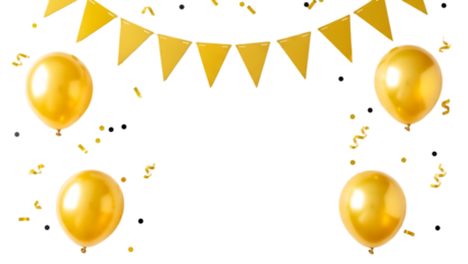 Golden balloons and banners on black background for celebration