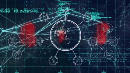 Animation of network of connections with icons and data processing - Powered by Adobe