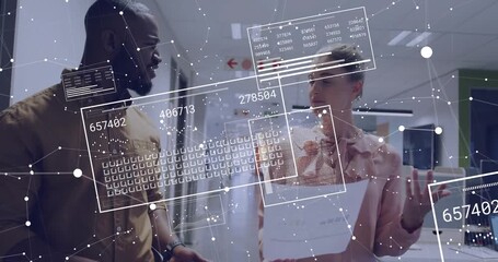 Animation of financial data processing over diverse business people in office - Powered by Adobe