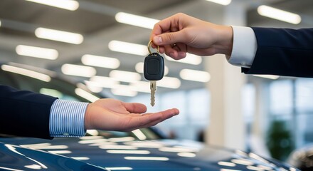 Businessman handing over car keys in modern dealership