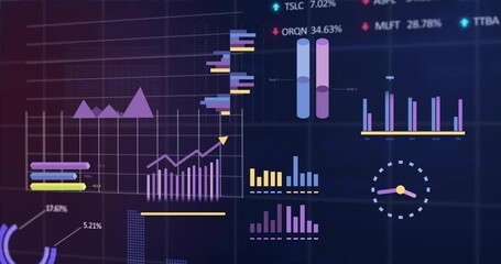 Financial data charts and graphs animation over stock market analysis background - Powered by Adobe