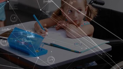 Writing in notebook, child at desk with data processing animation over scene - Powered by Adobe