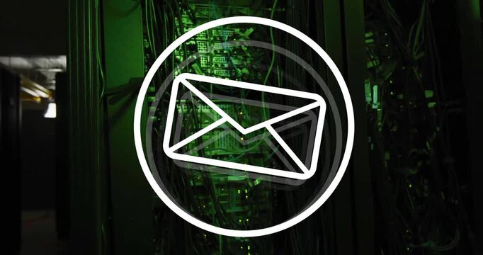 Animation of email icon and digital data processing over computer servers