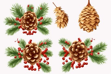 Illustrating evergreen pine cones and red berries for festive season decorations