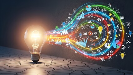 Bright Idea Light Bulb Exploding with Colorful Icons and Data Visualizations.