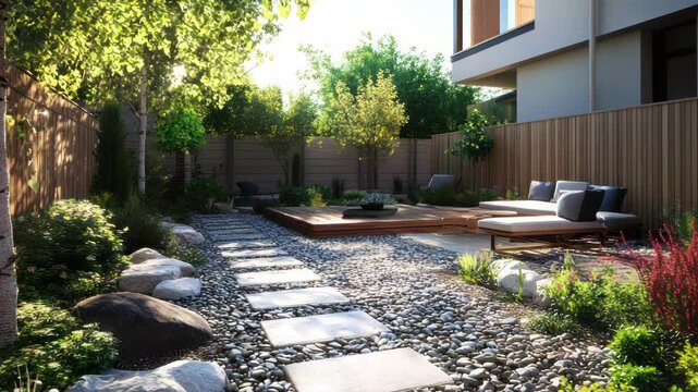 A serene modern backyard with stone path, wooden deck, seating, lush greenery, and partial sunlight