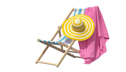 Summer scene beach chair, hat, and towel set against a black backdrop
