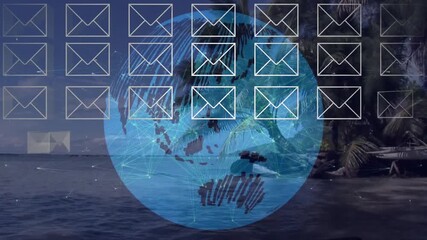 Animation of digital communication symbols overlaying globe with network over ocean scene - Powered by Adobe