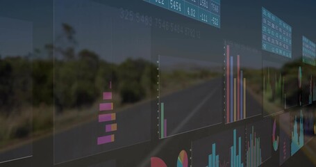 Animation of bar graphs and data charts overlaying rural road landscape in school - Powered by Adobe