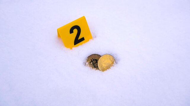 Yellow colored crime scene sciene police marker next to golden shiny bitcoin cryptocurrency coins that are in white fluffy and soft winter snow. Close up video moves closer to the scene.
