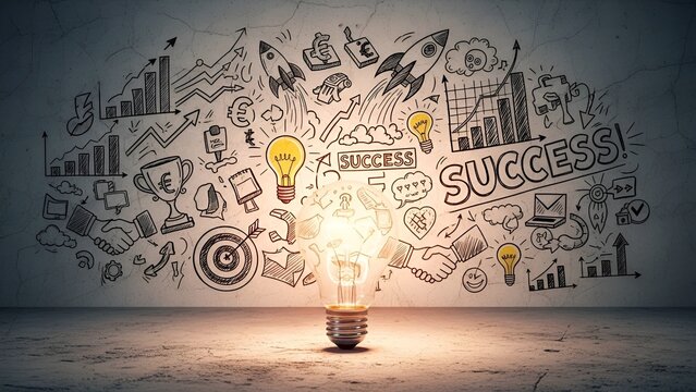 Bright Idea Light Bulb with Business Success Doodles and Symbols. - Powered by Adobe