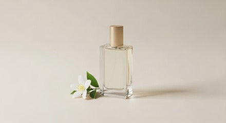 Elegant clear glass perfume bottle with botanical accents soft light