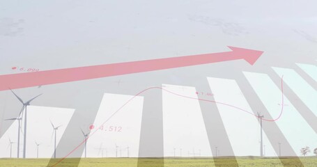 Wind turbines in field with rising graph and data points animation overlay - Powered by Adobe