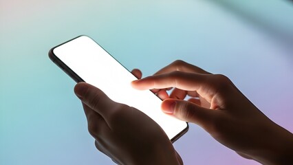 Close up of hands holding and using a smartphone with a bright screen.