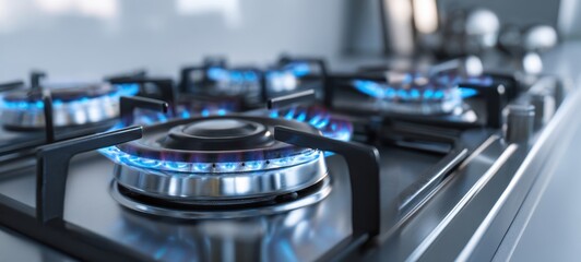The Gas Stove Burners in a Modern Kitchen with Blue Flames and Stainless Steel Finish
