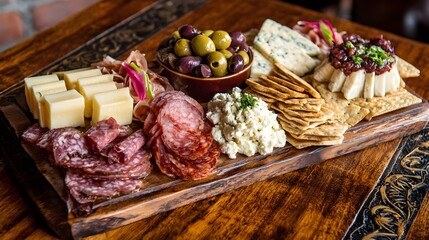 Artfully arranged gourmet charcuterie board featuring a variety of cheeses meats olives and crackers for sophisticated enjoyment