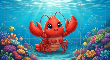 Vibrant Cute Lobster Undersea Jigsaw Puzzle with Colorful Marine Creatures