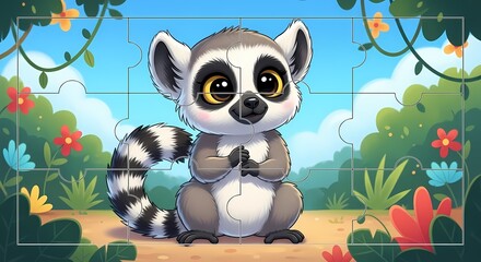 Whimsical Cartoon Ring Tailed Lemur in Forest Jigsaw Puzzle Artwork