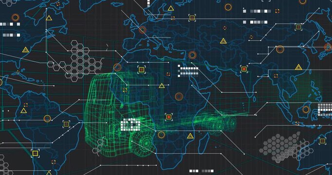 Map shifting behind wireframe truck, data clusters forming, network lines animating logistics flow