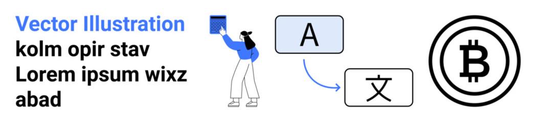 Obraz premium Language services, global communication, cryptocurrency, translation apps, digital currency, fintech. Woman holding card, letter blocks and Bitcoin symbol. Language services and cryptocurrency