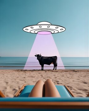 Surreal Cow Abduction by UFO on Sunny Beach Concept Art.