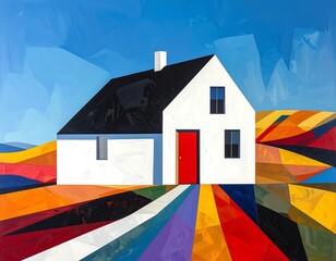 Modernist painting features a white house with a vibrant, geometric landscape