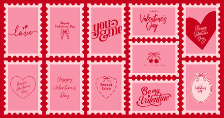 Valentine&rsquo;s Day Postage Stamp Set with Hand Drawn Cupid Doodles, Cherry, Cake, Bow, and Romantic Line Art &ndash; Vector Illustration Set