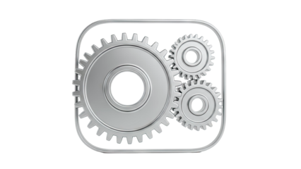 Three interlocking metal gears inside a rounded square frame