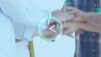 Animation of data processing and clock over diverse business people teaming up - Powered by Adobe